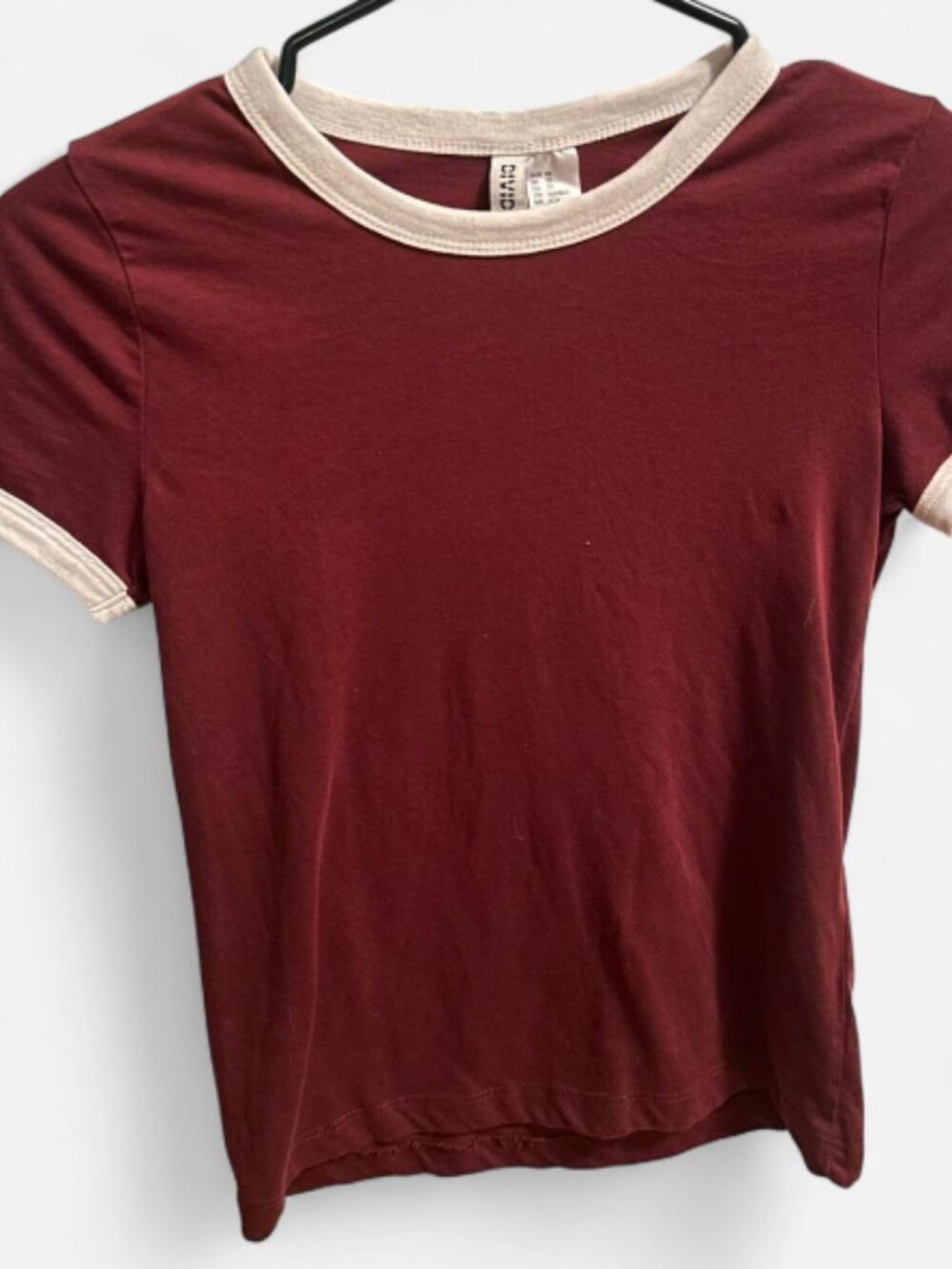 Vintage wine-red contrast-stripe short-sleeved T-shirt